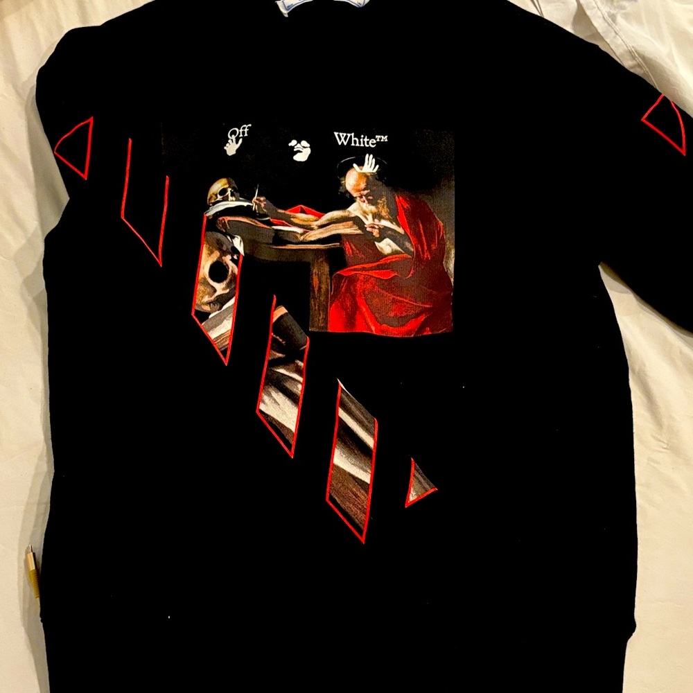 Off-White Black and Red Artistic Crewneck Sweater